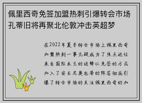 佩里西奇免签加盟热刺引爆转会市场孔蒂旧将再聚北伦敦冲击英超梦 佩里西奇免签加盟热刺引爆转会市场孔蒂旧将再聚北伦敦冲击英超梦