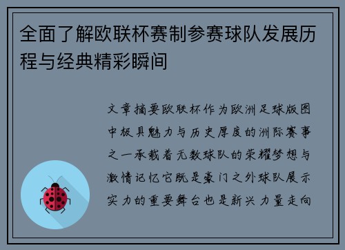 全面了解欧联杯赛制参赛球队发展历程与经典精彩瞬间 全面了解欧联杯赛制参赛球队发展历程与经典精彩瞬间